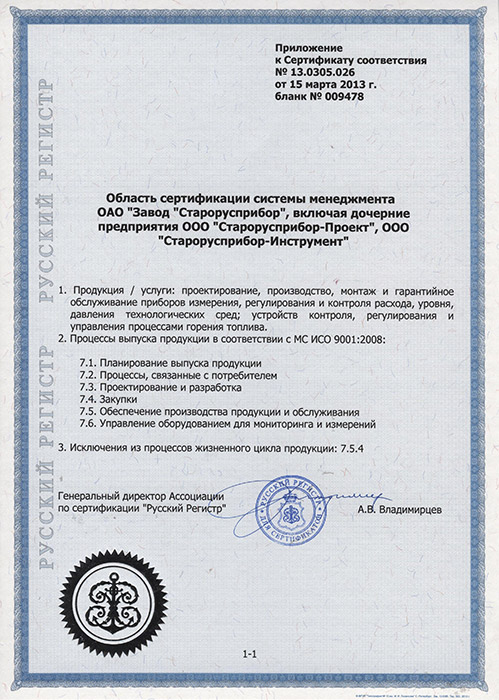 Сертификат соответствия системы менеджмента ИСО 9001:2008 Приложение фото
